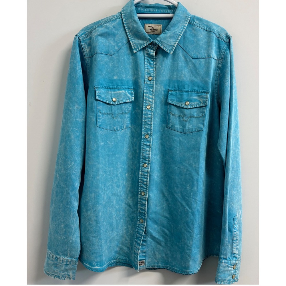 Kimes Ranch Western Snap Shirt Turquoise Blue Acid Wash Pearl Snap XXL